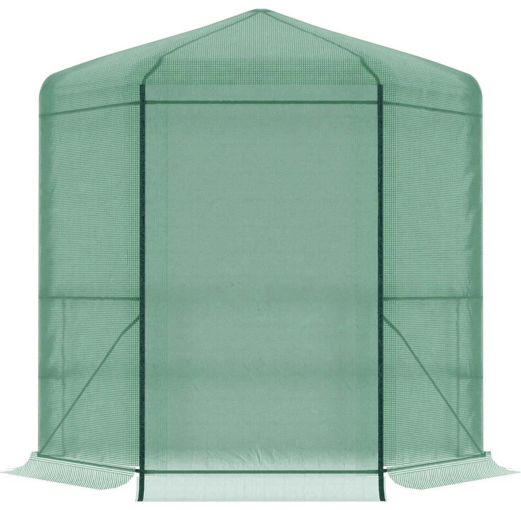 Outsunny Estufa de Jardim Hexágono 194x194x215cm Estufa com 6 Prateleiras Porta Enrolável e Estrutura de Aço Galvanizado para Cultivos de Plantas Vasos de Flores Verde