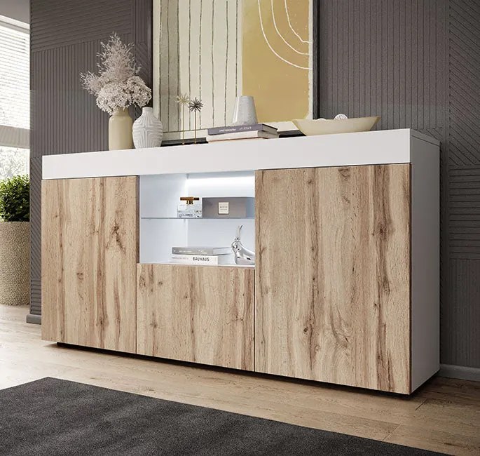 Aparador Elma de 135 cm com Luz LED - Branco e Pinho Atlântico - Desig