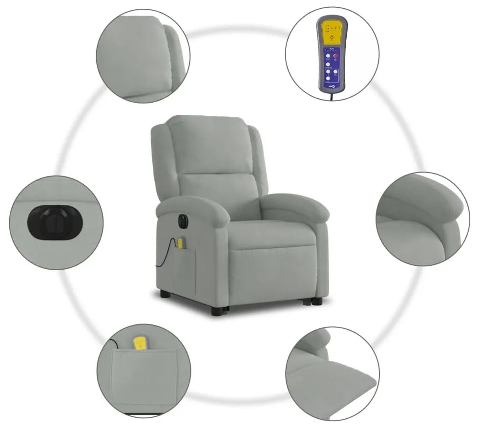 Poltrona de massagens reclinável elétrica veludo cinzento-claro