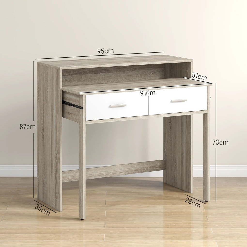 Mesa Consola de Entrada de 2 Níveis com Trilhos Deslizantes 2 Gavetas 2 Rodas Móvel de Entrada 95x35x87 cm Madeira e Branco