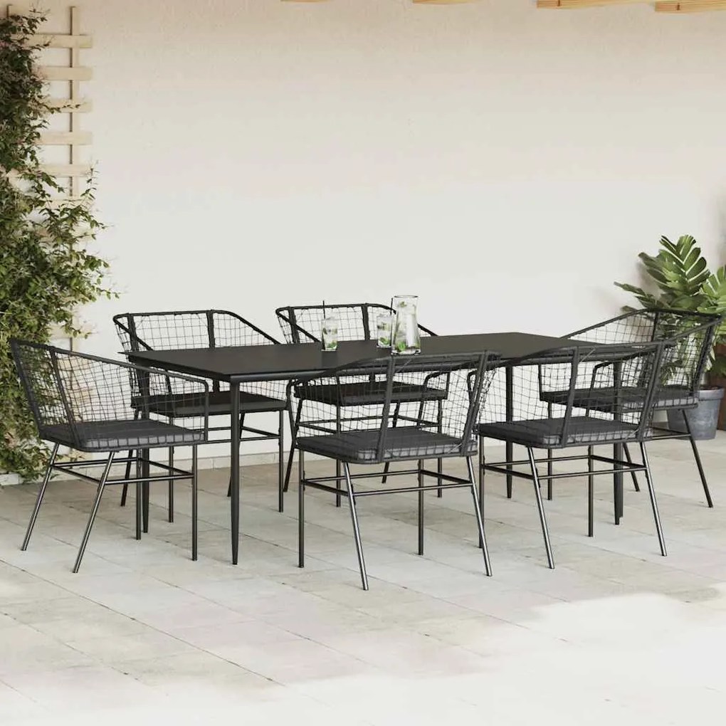 Conjunto de jantar jardim 7 peças almofadas vidro vime PE preto