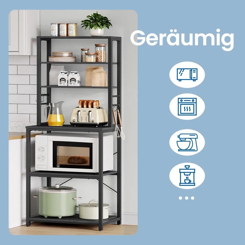 Estante de cozinha com 6 prateleiras e 6 ganchos 40 x 60 x 167 cm cinza antracite + preto
