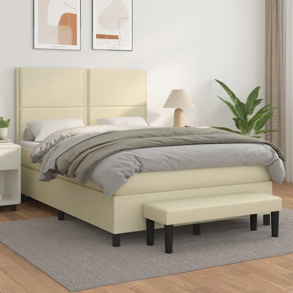vidaXL Cama com molas/colchão 140x190 cm couro artificial cor creme
