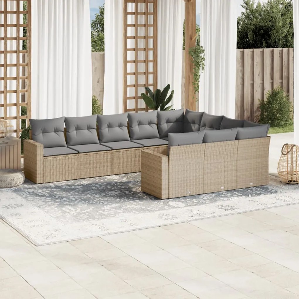 10 pcs conjunto de sofás p/ jardim com almofadões vime PE bege