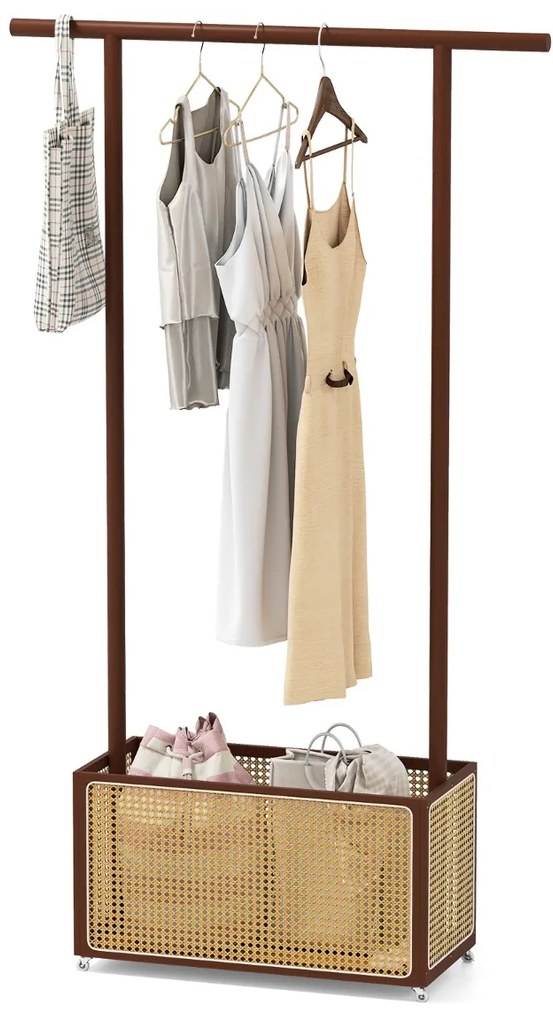 Guarda Roupa de bambu 100 x 32,5 x 172 cm Suporte para pendurar casacos com cesto de rattan para arrumação e rodas e Barra natural