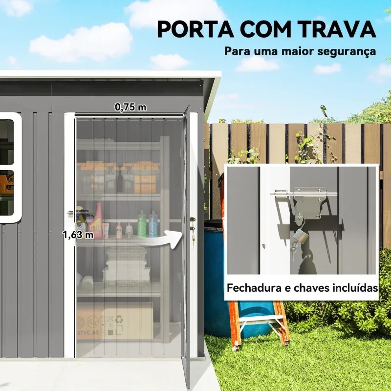 Abrigo de Jardim Exterior 2,55 m² 221x133x190 cm com Janela Porta com Fechadura e Ventilações Cinzento Escuro