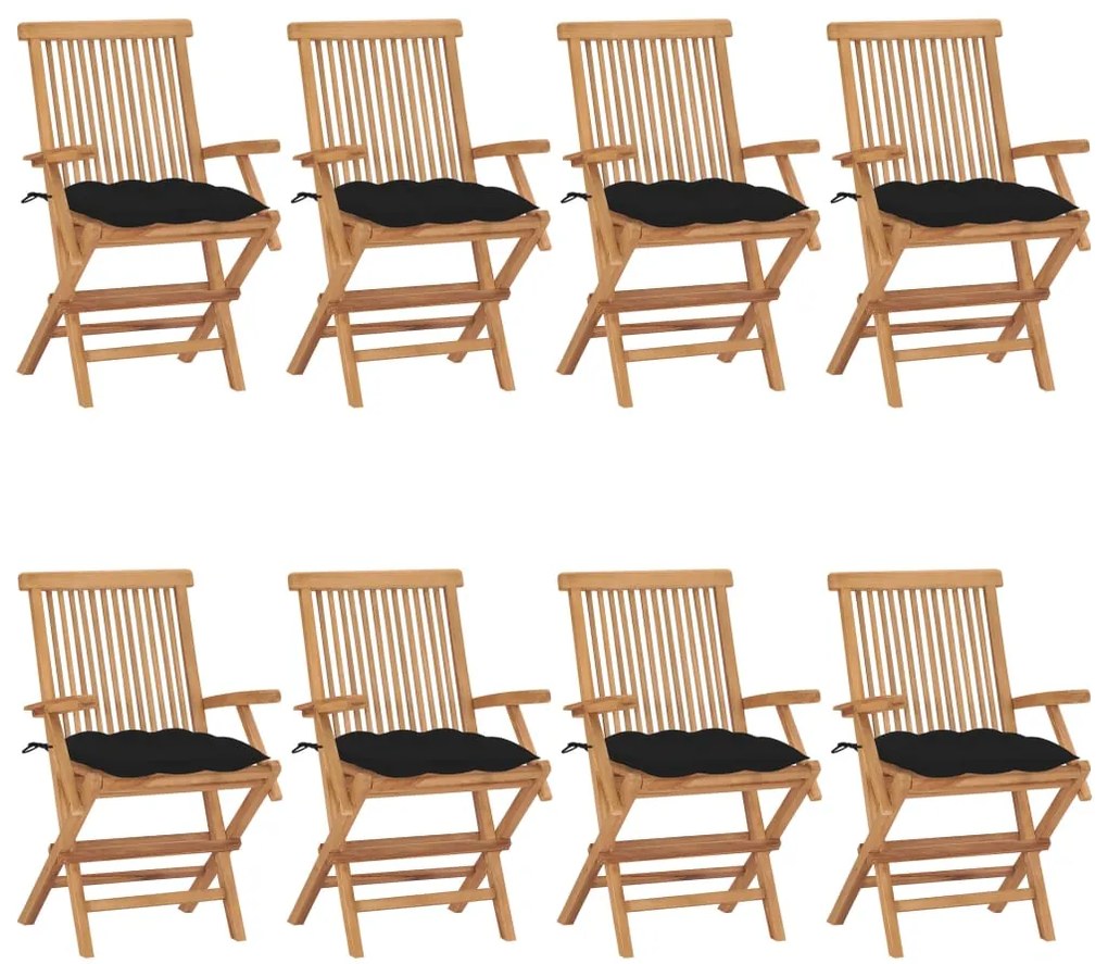 Cadeiras de jardim c/ almofadões pretos 8 pcs teca maciça