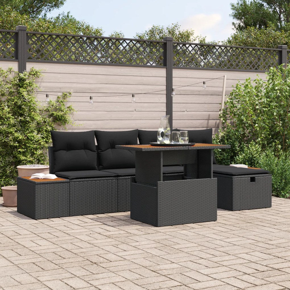 Conjunto de Sofá de Jardim vidaXL 6 Peças com Almofadas Preto Rattan Poliéster