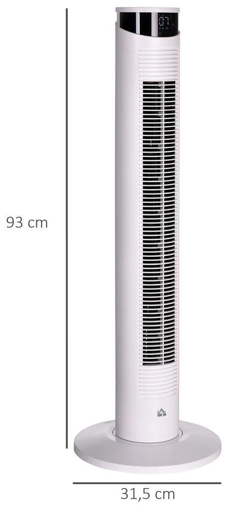 HOMCOM Ventoinha de Coluna Oscilante 45 W com Controlo Remoto Temporizador de 12h 3 Velocidades 3 Modos Ecrã LED e Alça de Transporte para Dormitório Ø31,5x93 cm Branco