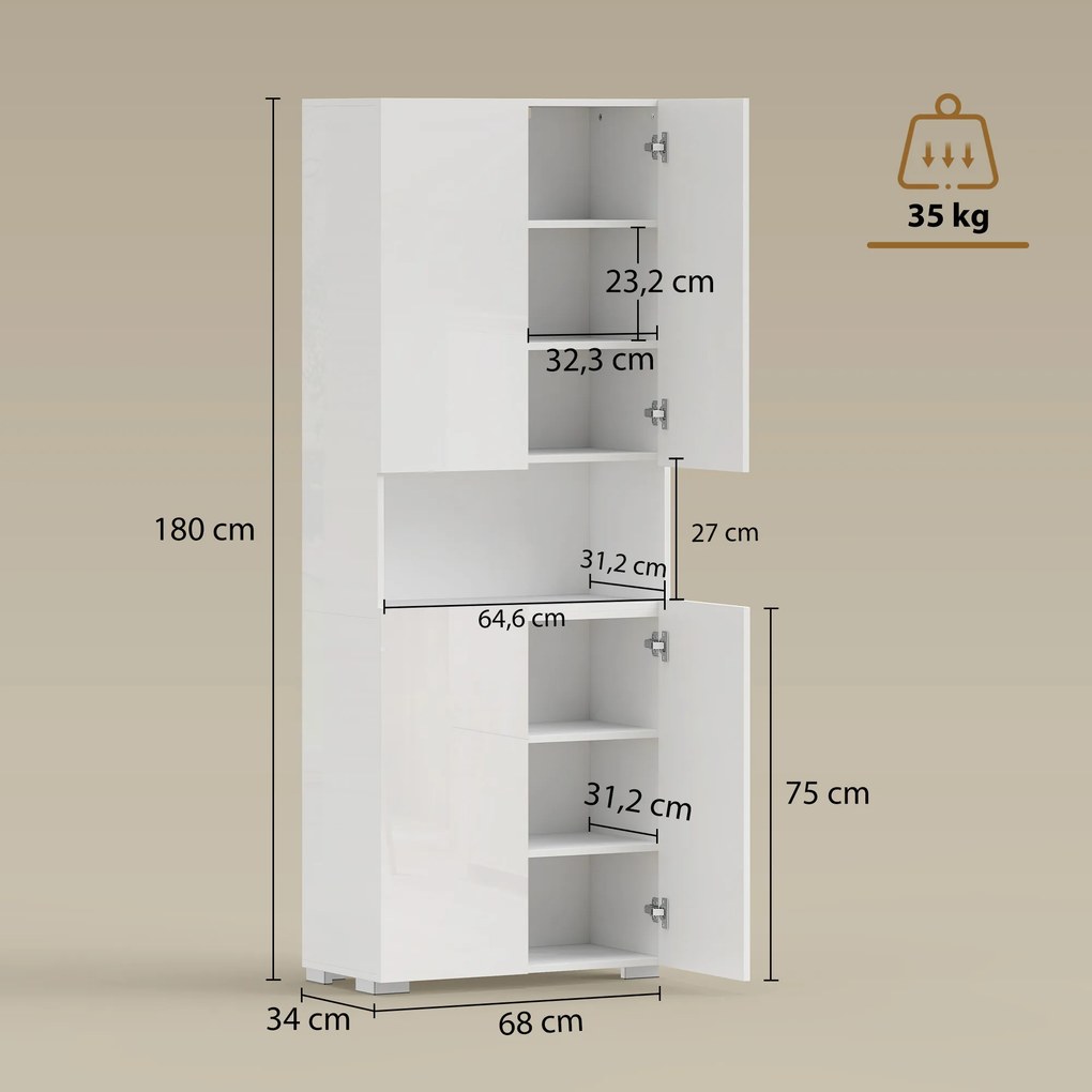 Armário de Cozinha Móvel Auxiliar de Cozinha com 4 Portas Compartimento Aberto Prateleiras Ajustáveis 68x34x180 cm Branco Brilhante