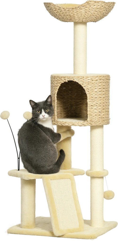 Arranhador  para gatos com 116 cm de altura, com casinha, cesto, plataformas, pompons de pelúcia e jacintos de água - bege