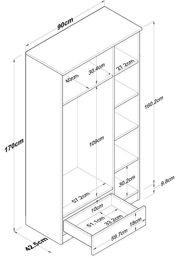Roupeiro BA117 – Nogueira Branca – 90x170x42,5 cm