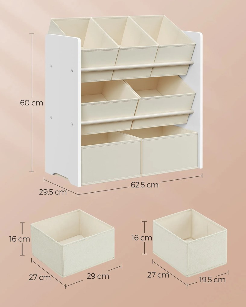 Estante para crianças com 7 caixas de arrumação em tecido não tecido 29,5 x 62,5 x 60 cm branco e bege