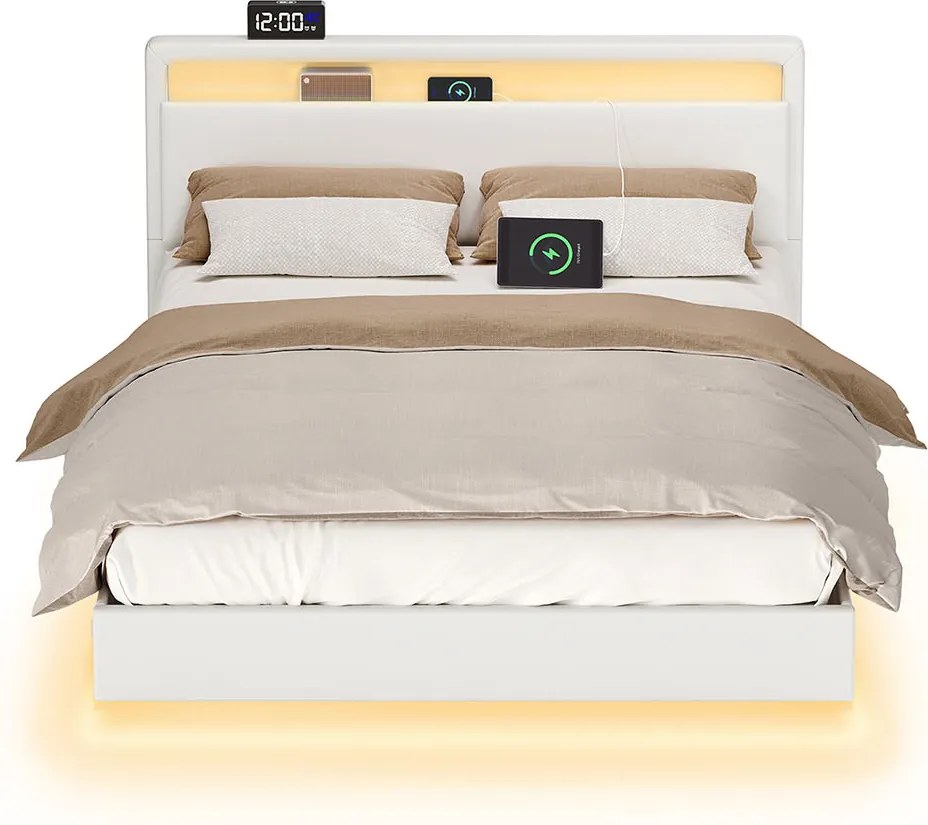 Estrutura de cama 140 x 200 cm com iluminação LED e 3 portas USB e 1 porta tipo C Branca