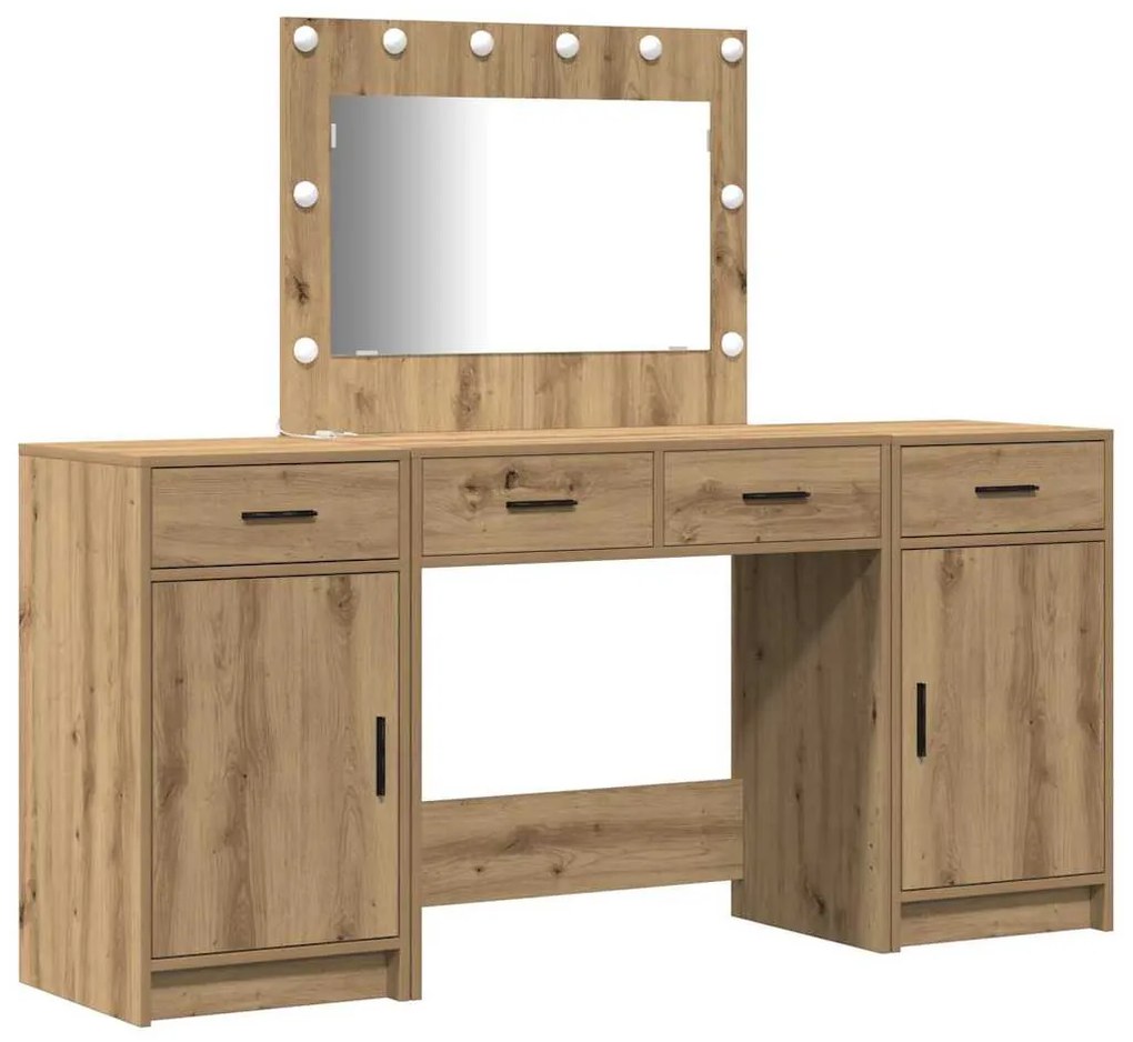 Conjunto de Mesa de Maquilhagem de 3 Peças com LED Carvalho Artesanal