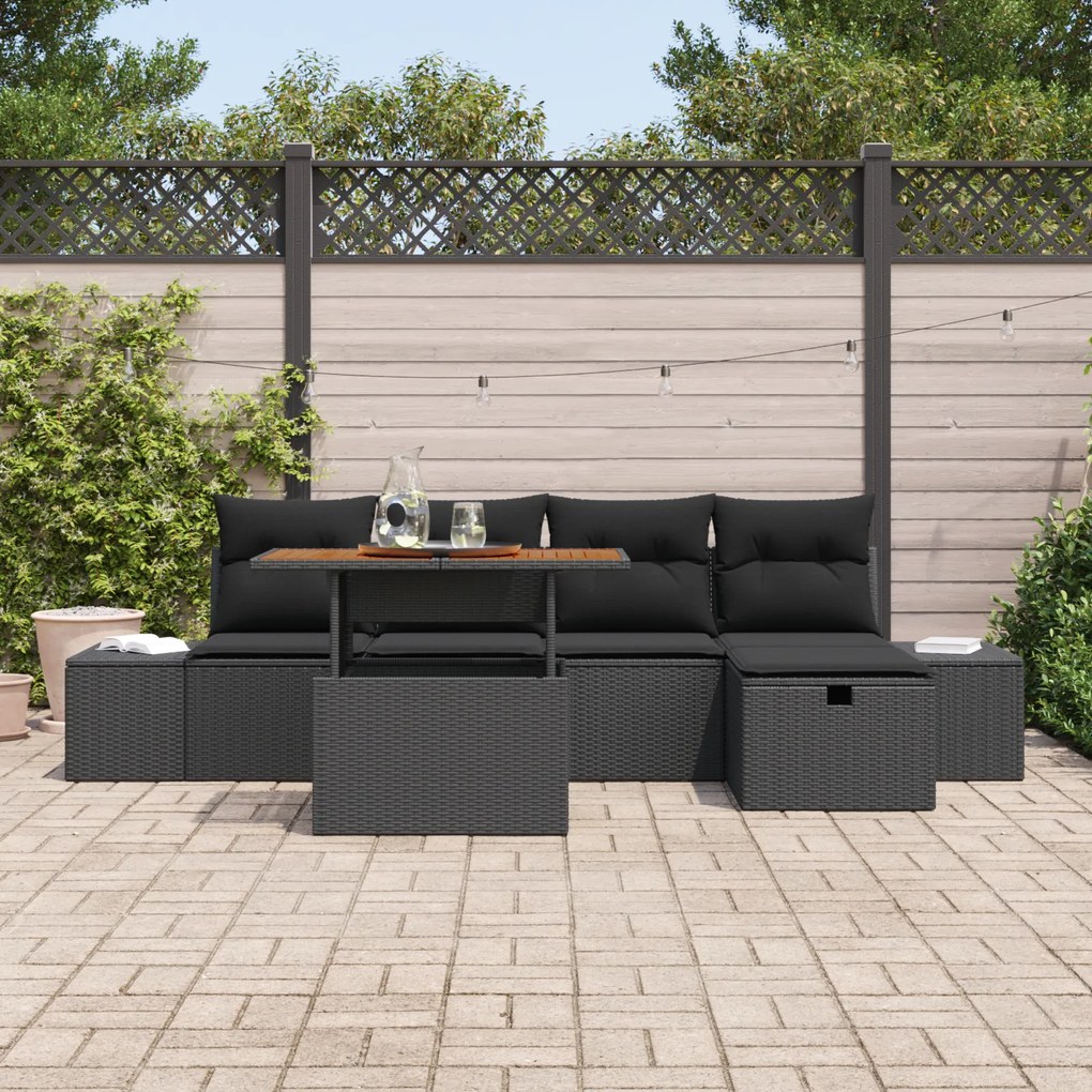 Conjunto de Sofá de Jardim com Almofadas Preto Poly Rattan