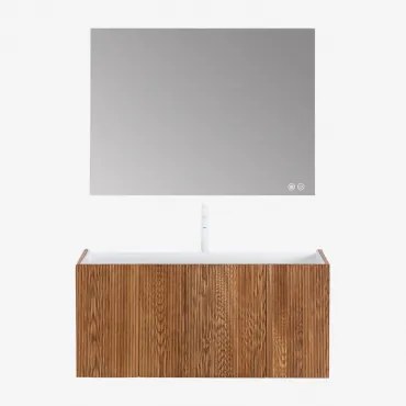 Conjunto De Móvel De Casa De Banho Suspenso 120x50 Cm Em Madeira Com Lavatório Integrado Fiore Castanho Fresno & Retangular Led - Sklum