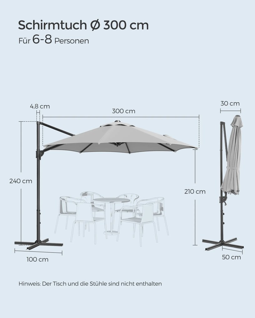 Guarda-sol Jardim Ø 300 cm UPF 50+ com manivela e base em cruz Cinzento
