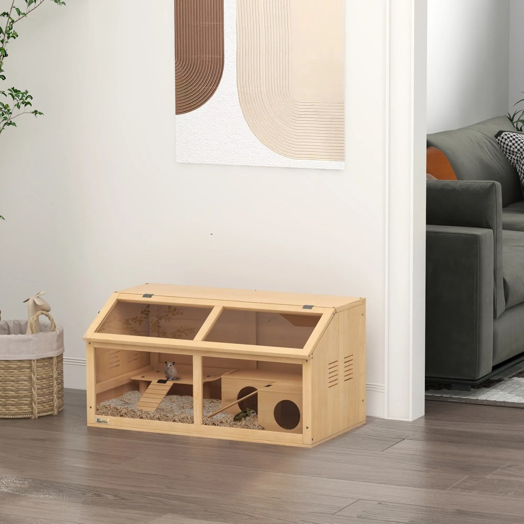 Gaiola de madeira para hamster, habitáculo espaçoso para roedores, ventilação, tampa que se abre e acessórios, 85 x 45 x 44 cm, madeira natural