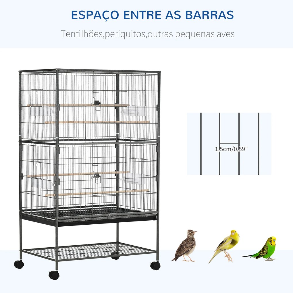 Gaiola para Pássaros com Rodas Bandeja Amovível 4 Portas 4 Comedouros e Prateleira de Armazenamento 78x52x132cm Cinza