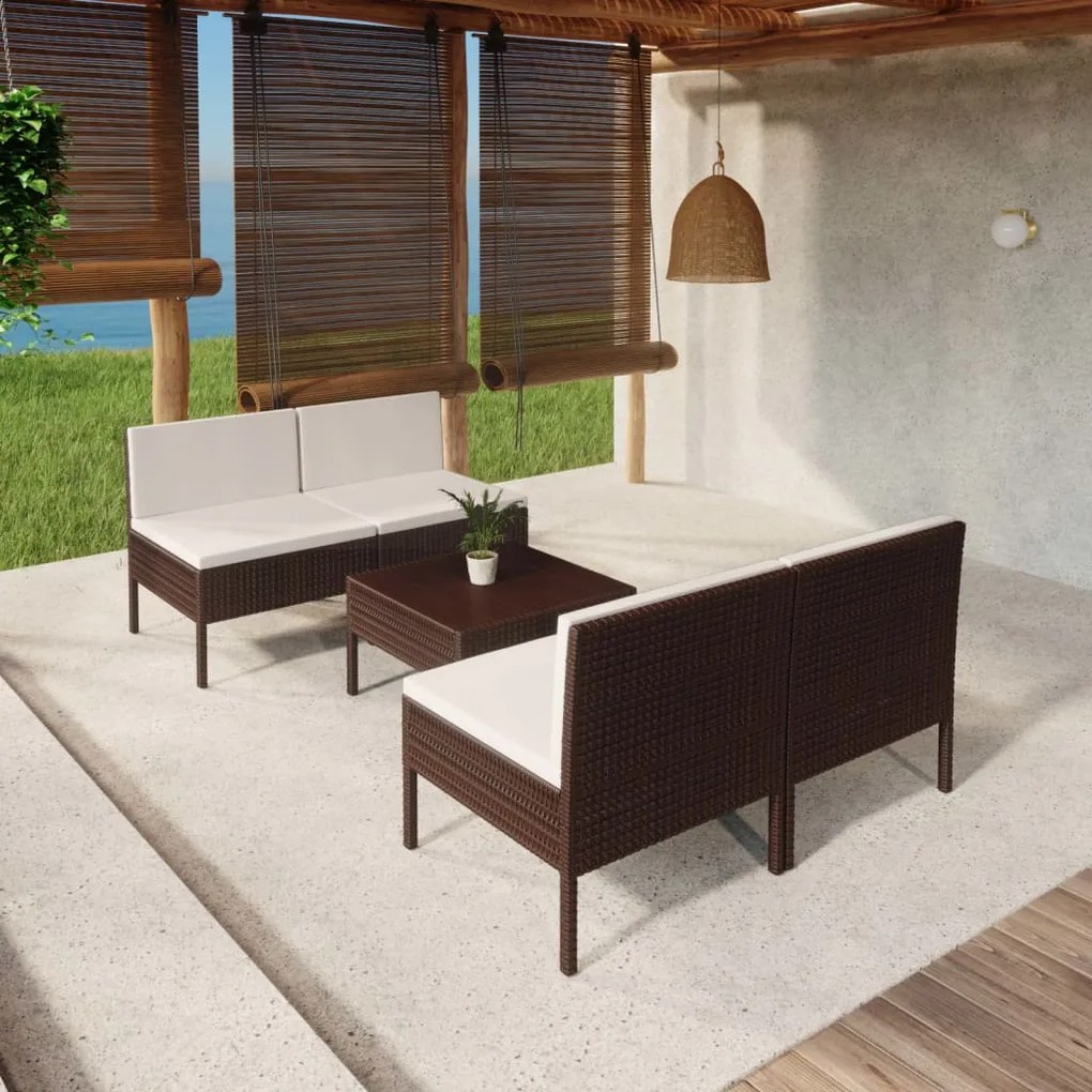 vidaXL 5 pcs conjunto lounge jardim c/ almofadões vime PE castanho