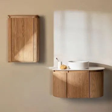 Conjunto De Móvel De Casa De Banho Suspenso 90x50 Cm Em Madeira Carsone Madeira Natural & Madeira Natural & Cerâmica Redonda Branca Ø40 - Sklum