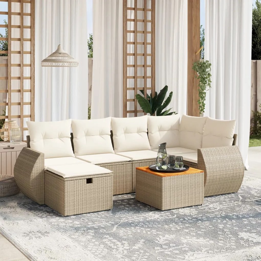 7 pcs conjunto de sofás p/ jardim com almofadões vime PE bege