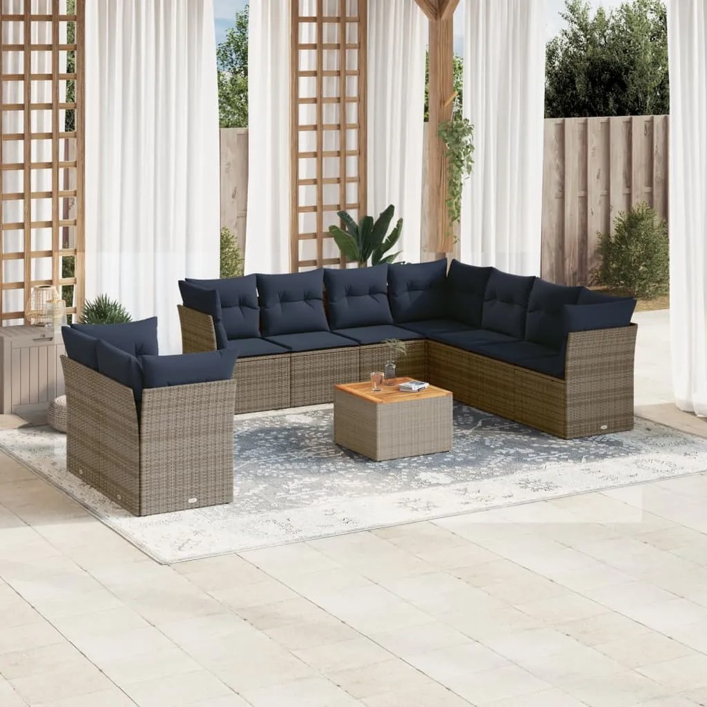 vidaXL 10 pcs conjunto sofás p/ jardim c/ almofadões vime PE cinzento