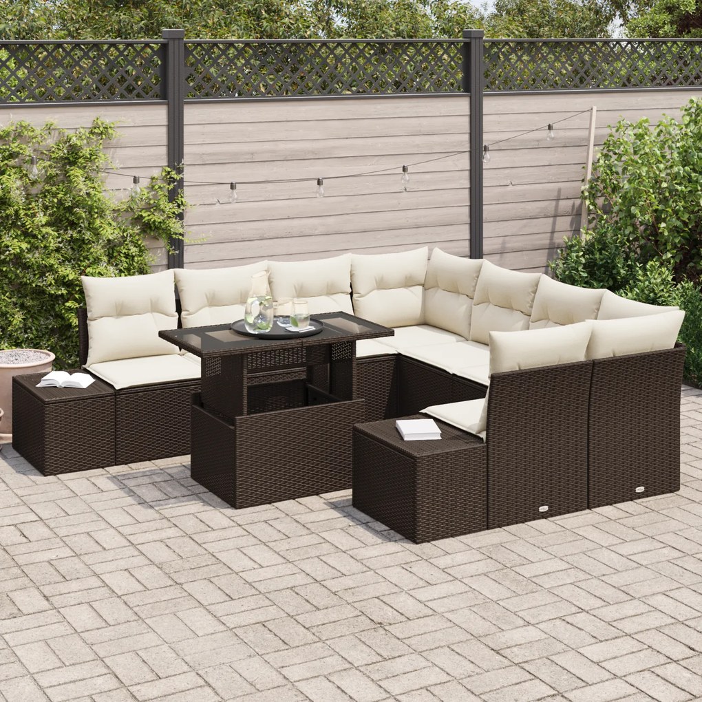 Conjunto de Sofás de Jardim com 9 Peças e Almofadas Castanho em Rattan