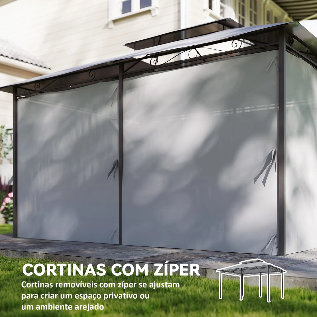 Pérgola para Jardim 3x4 m Pérgola de Exterior com Telhado Duplo 6 Paredes Laterais Estrutura Metálica  Cinzento Escuro