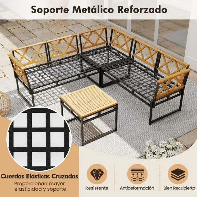 Conjunto Jardim de 4 sofás seccionais exteriores em L com Estrutura metálica, corda elástica e mesa de madeira de acácia bege