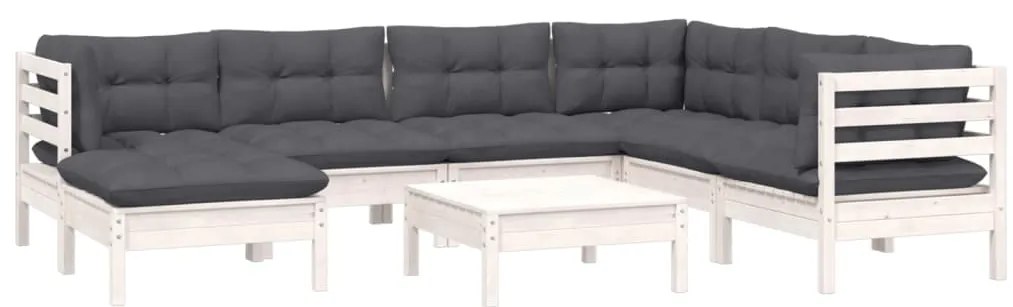 8 pcs conj. lounge de jardim c/ almofadões pinho maciço branco