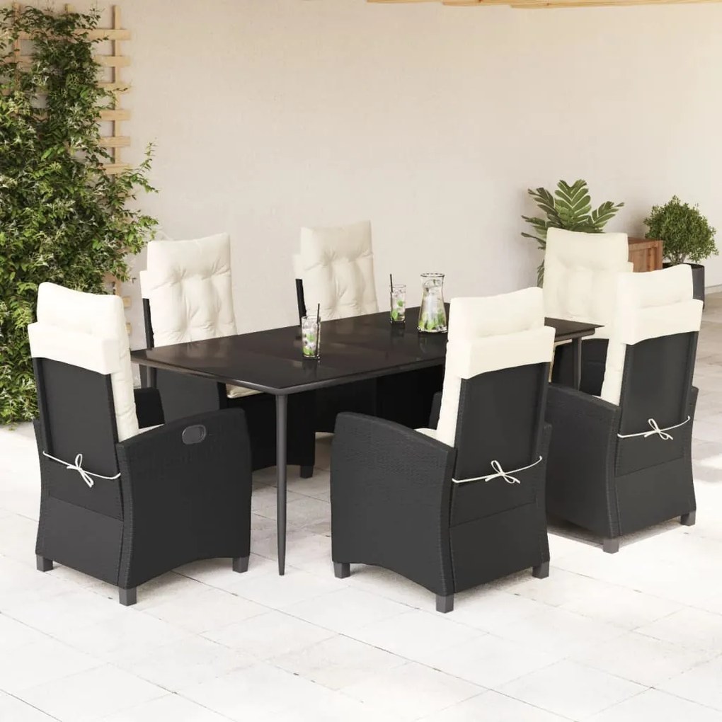 vidaXL 7 pcs conjunto de jantar p/ jardim c/ almofadões vime PE preto