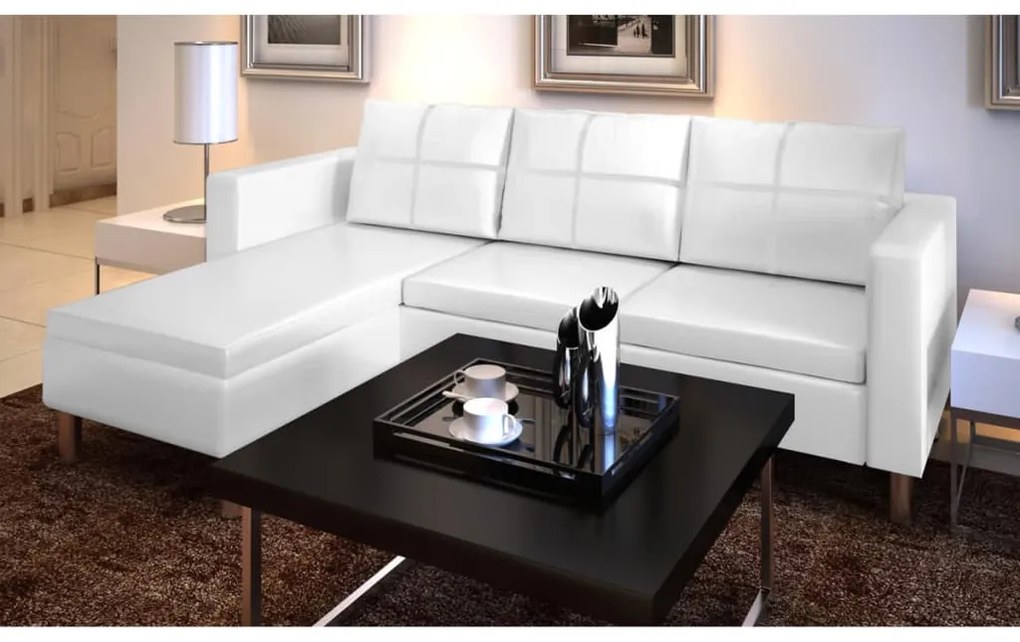 Sofá secional de 3 lugares couro artificial branco