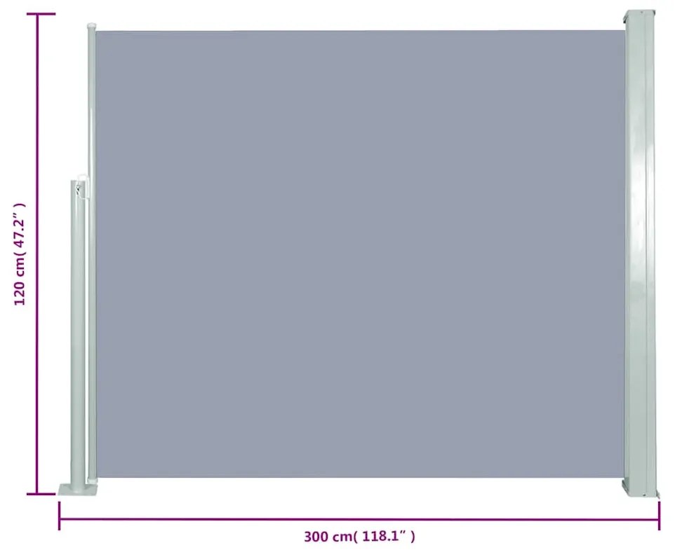 Toldo lateral retrátil 120x300 cm cinzento