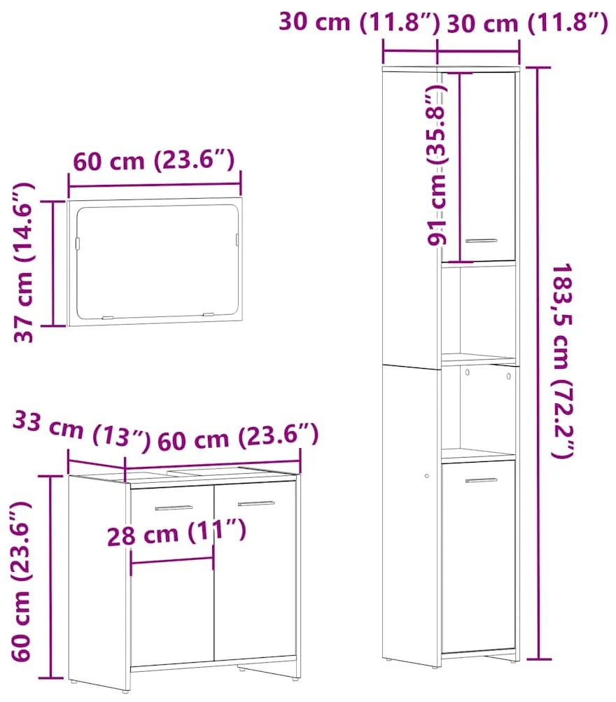 3 pcs móveis de casa de banho deriv. madeira carvalho artisiano