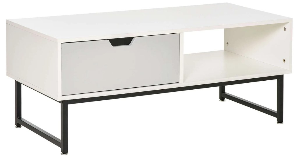 HOMCOM Mesa de Centro para Sala de Estar Mesa de Centro Moderna com Prateleira Aberta Gaveta e Pés Elevados Mesa Auxiliar para Sala de Estar Escritório 106x48x43cm Branco