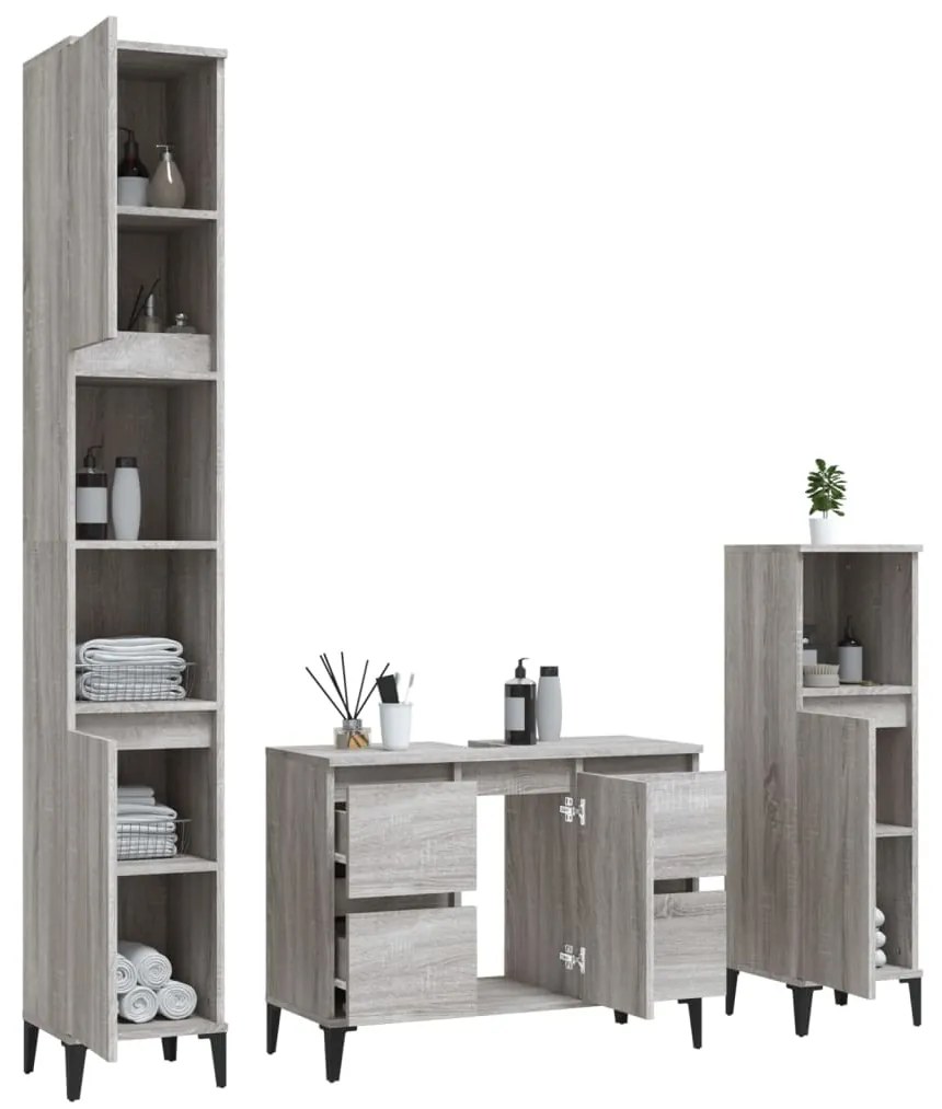 3 pcs Conjunto móveis casa de banho madeira proc. cinza sonoma
