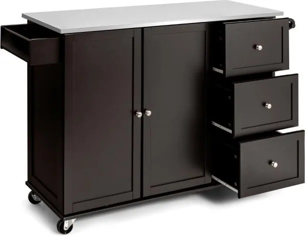 Carrinho de ilha de cozinha com bancada em aço inoxidável Estantes ajustáveis Gavetas 135 x 45,5 x 91,5 cm Castanho