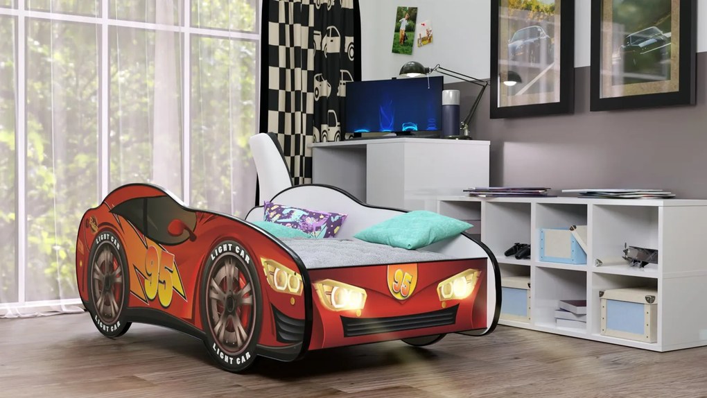 Cama Infantil Crianças C/ LEDs E Oferta Colchão Espuma Racing Car Herois 160 x 80 - Faisca Mcqueen VERMELHO