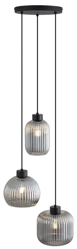 Candeeiro suspenso de design preto com vidro fumado e 3 luzes - Ana Design