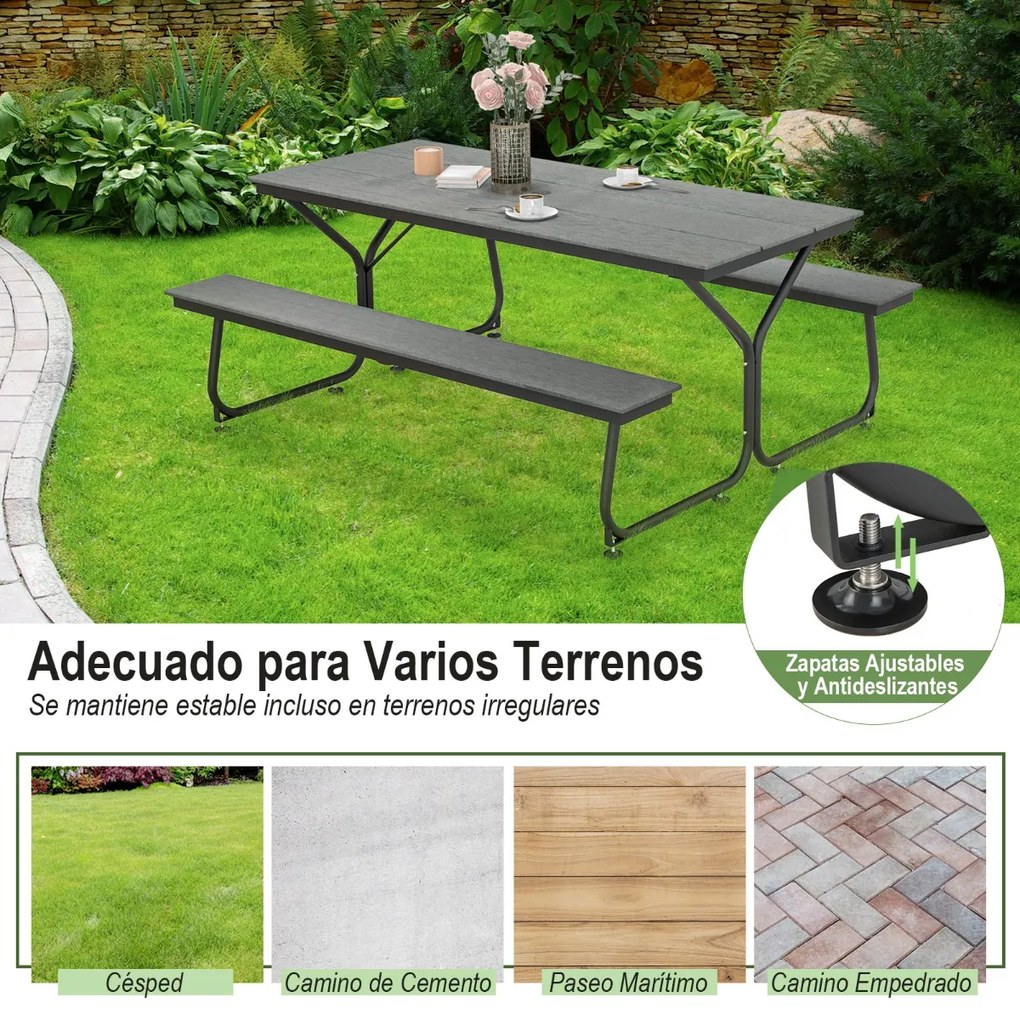 Conjunto de mesa de piquenique para exterior e 2 bancos para 8 adultos com estrutura metálica e tampo de mesa em PEAD para jardim, pátio e campismo Ci
