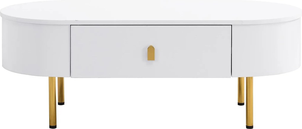 Mesa de centro com 2 gavetas, cantos arredondados, puxadores e pés dourados, 108x50x40 cm, Branco