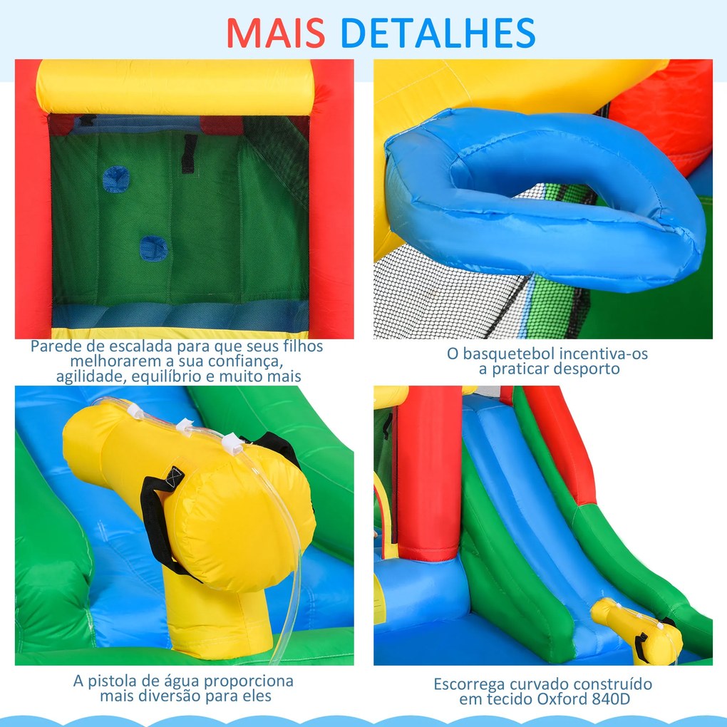 Outsunny Castelo Insuflável com Escorrega Trampolim Piscina e Pistola de Água para Crianças acima de 3 Anos com Inflador e Bolsa de Transporte para Interior Exterior 330x245x215cm Multicor