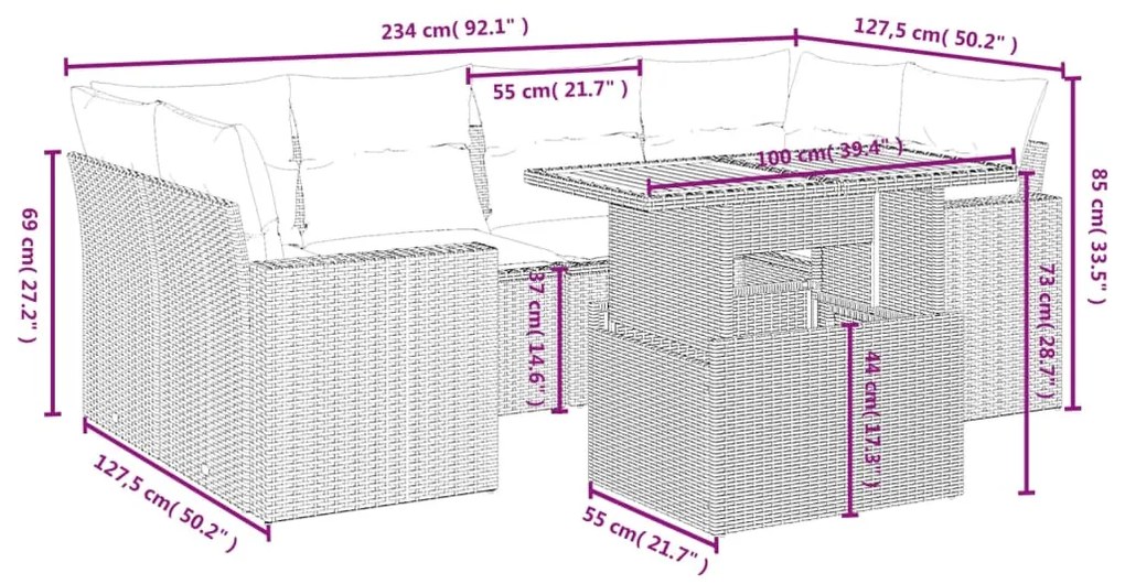 7 pcs conjunto de sofás p/ jardim com almofadões vime PE bege