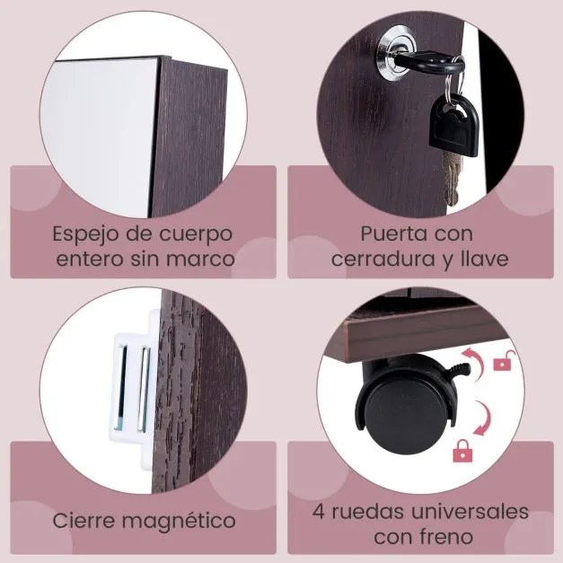 Armário para joias com fechadura 40 x 38 x 164 cm com Espelho de maquilhagem LED com 3 cores Prateleiras ajustáveis e rodas universais Castanho Escuro