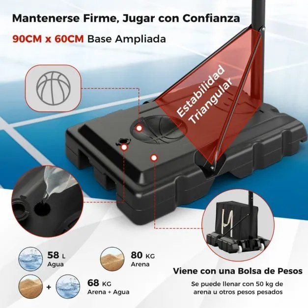 Cesto de basquetebol portátil com Saco de peso para interior e exterior com ajuste de altura fácil preto