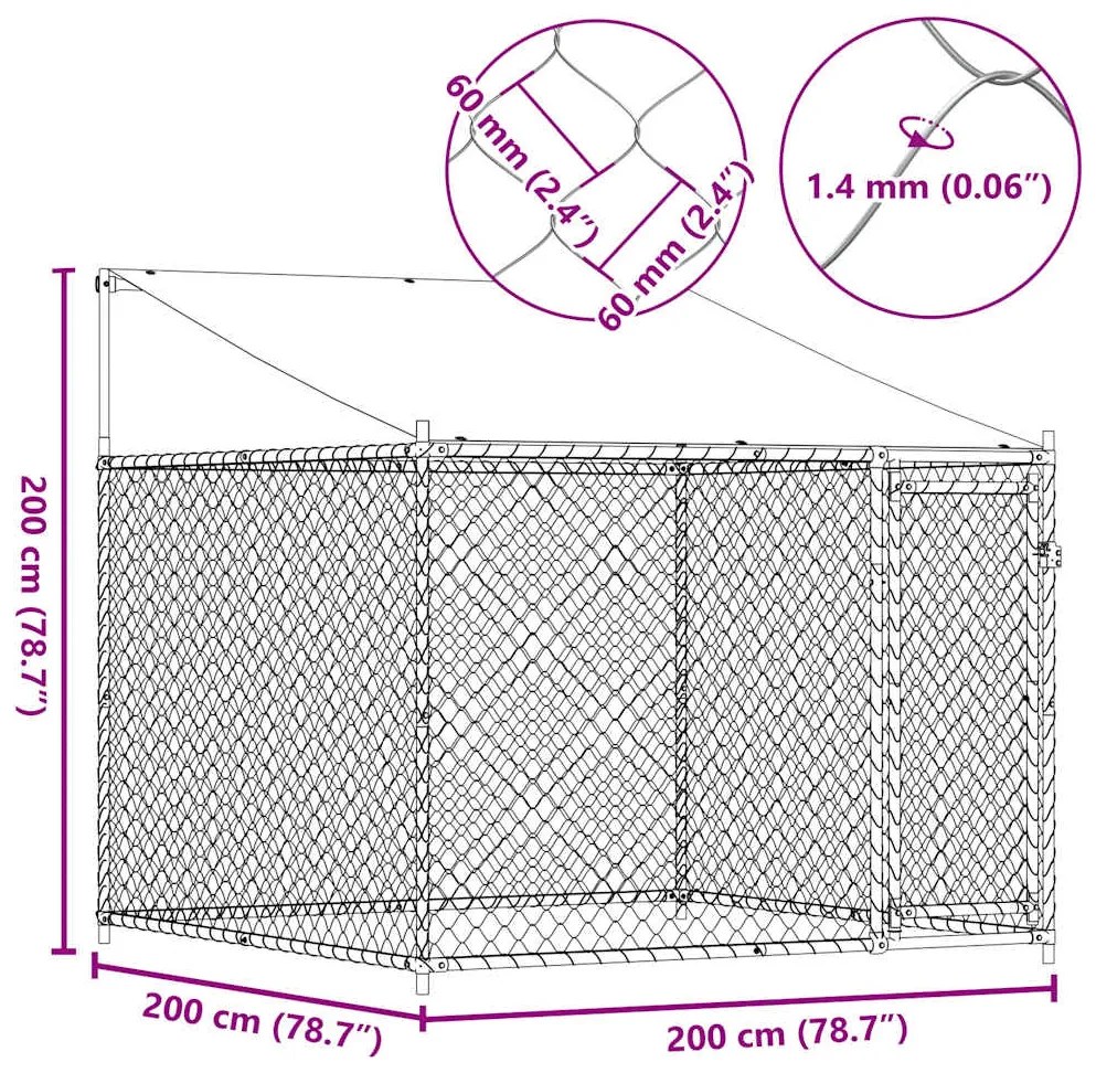 Jaula para cão com telhado/porta 2x2x2 m aço galvanizado cinza