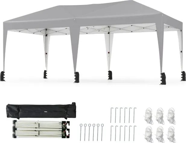 Tenda dobrável 590 x 305 x 266 cm exterior com estacas, cordas de fixação, sacos de areia e rodas para 6-8 pessoas festas, eventos, feiras Cinzenta