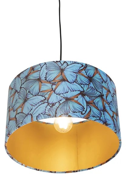 Candeeiro de suspensão com abajur de veludo com borboletas douradas 35 cm - Combi Clássico / Antigo